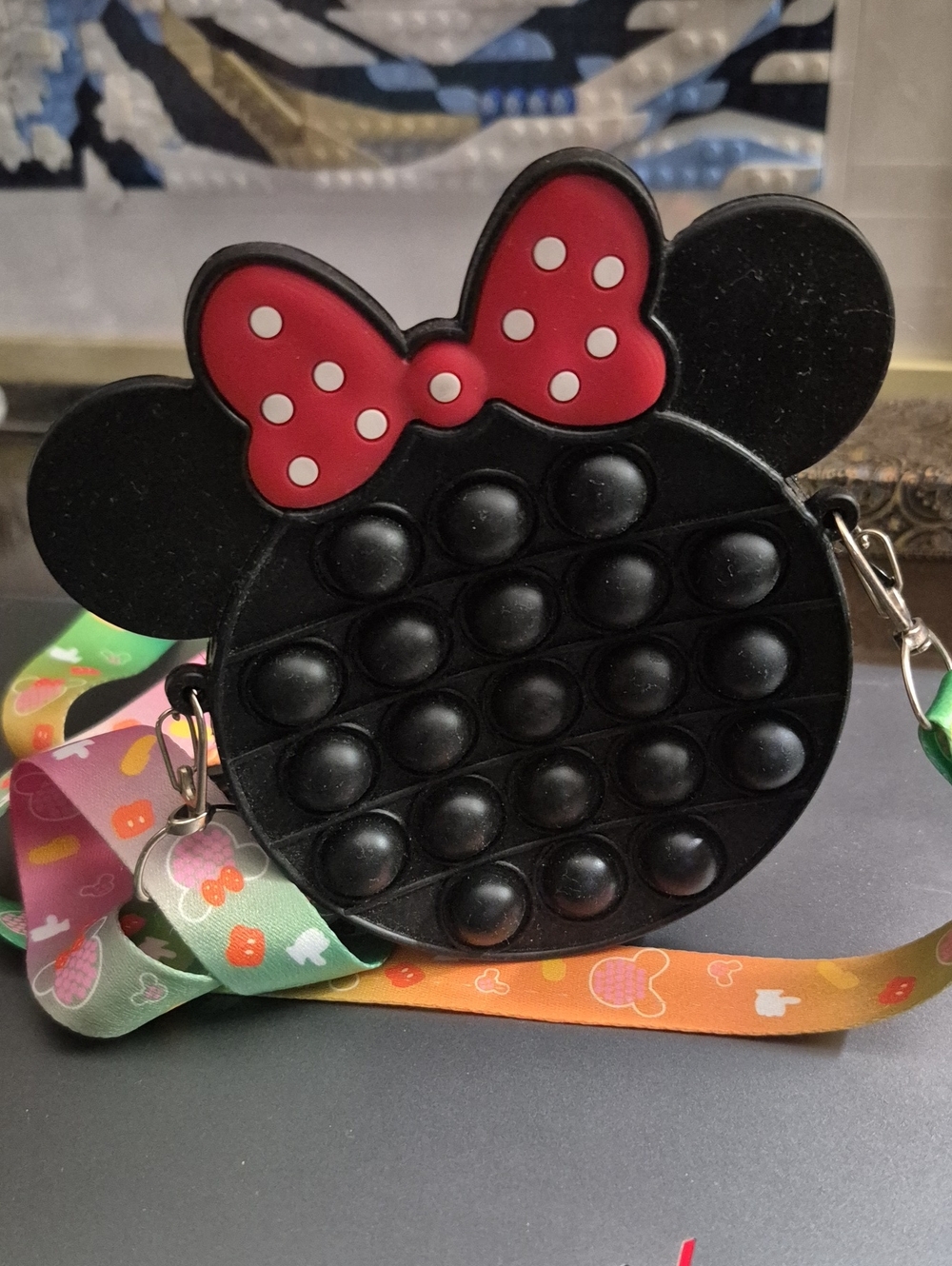 Black Minnie-Style Pop-It Crossbody Bag with Rainbow Lanyard
